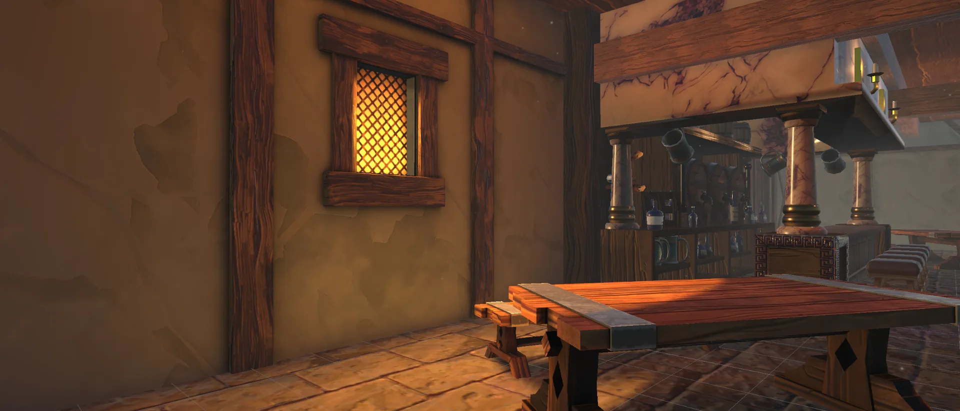 Warm light from a window and wall lanterns falling across a wooden table in the Shot Guesser tavern