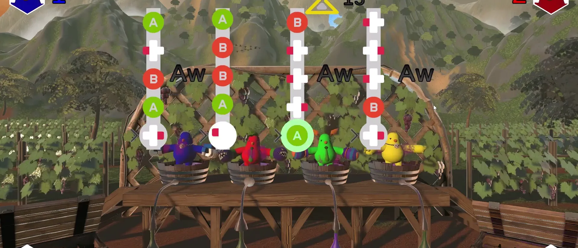 Grape Stomp vineyard with four player characters stomping grapes in barrels on a wooden stage