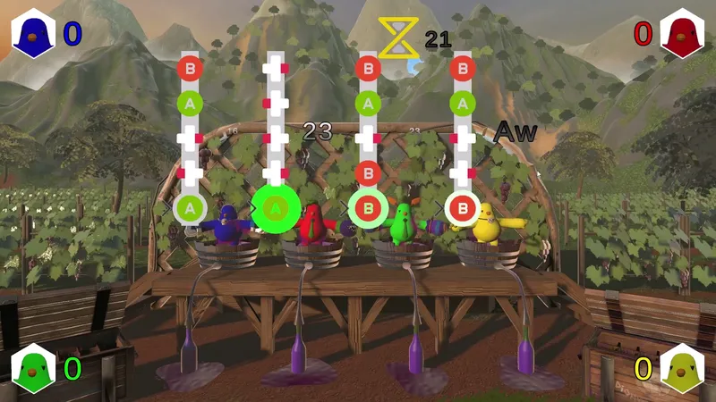 Wine streaming from the barrels down into bottles below the stage