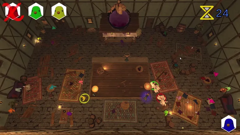 A purple energy swirl on the tavern floor at the start of the chase