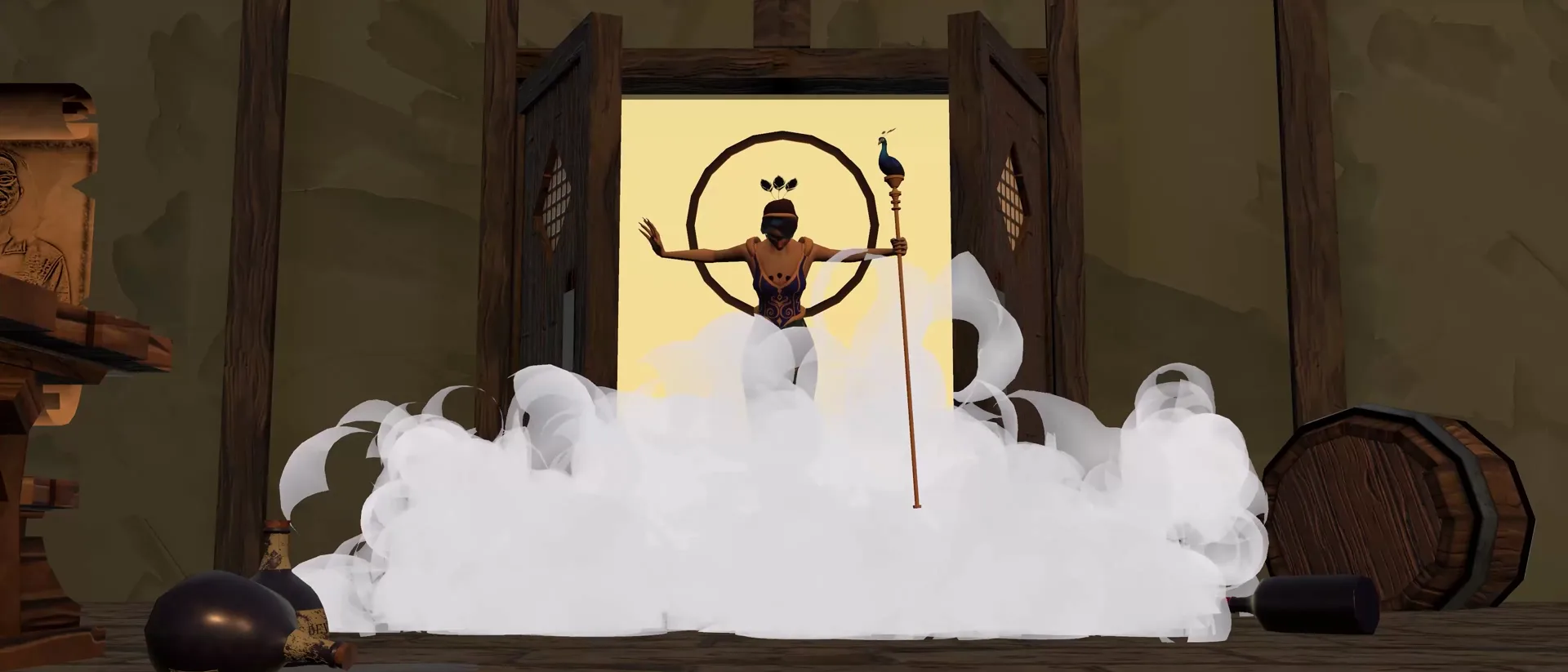 Hera standing in a backlit doorway as fog rolls across the floor of a tavern