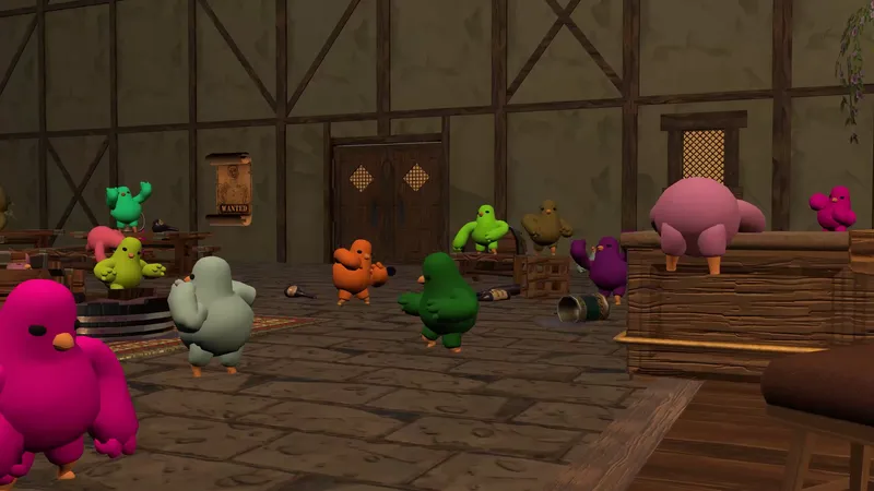 The tavern interior with colorful bird characters and a lit lantern