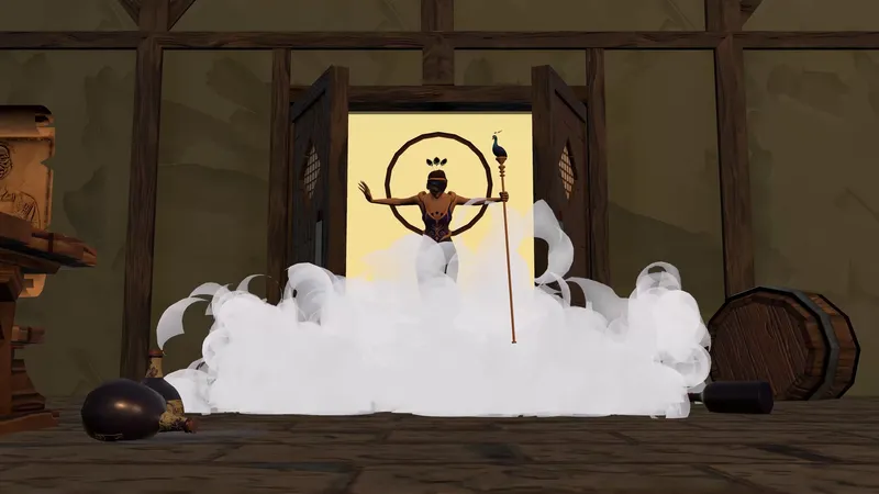 Hera in a bright doorway behind a bank of white fog