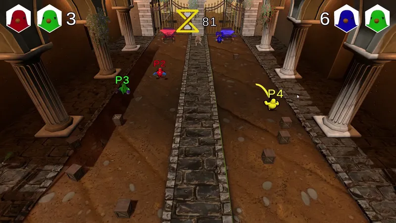A yellow trail following a player character across the hall floor