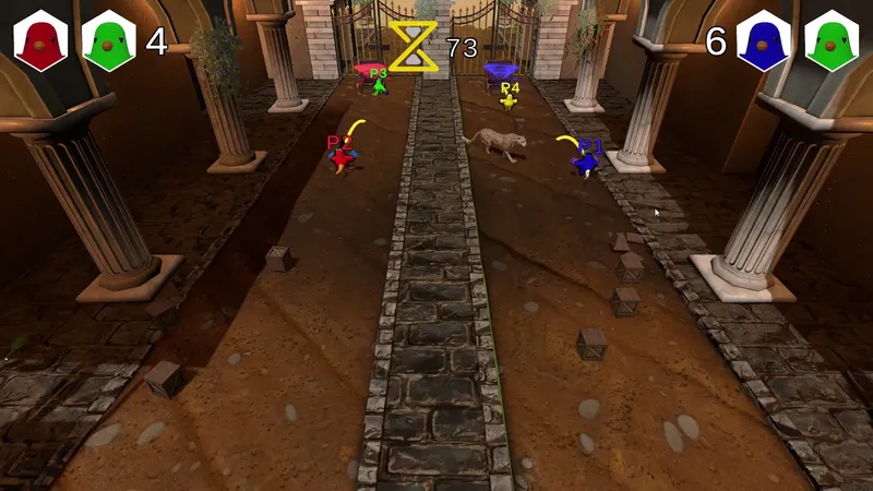 The Leopard Tug hall with players spread along the cobbled path