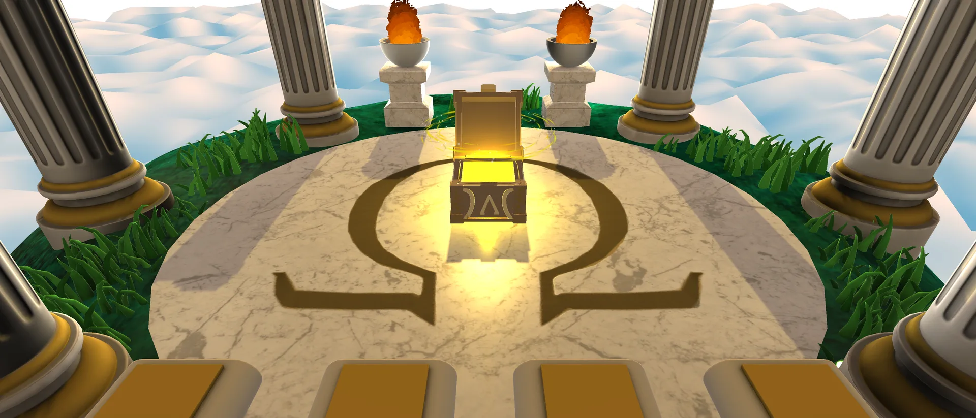 Pandora's Party Box lobby, a marble platform with flaming braziers and a glowing golden box among white columns