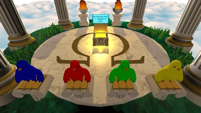 The lobby with four player characters on pedestals, flaming braziers and the glowing box