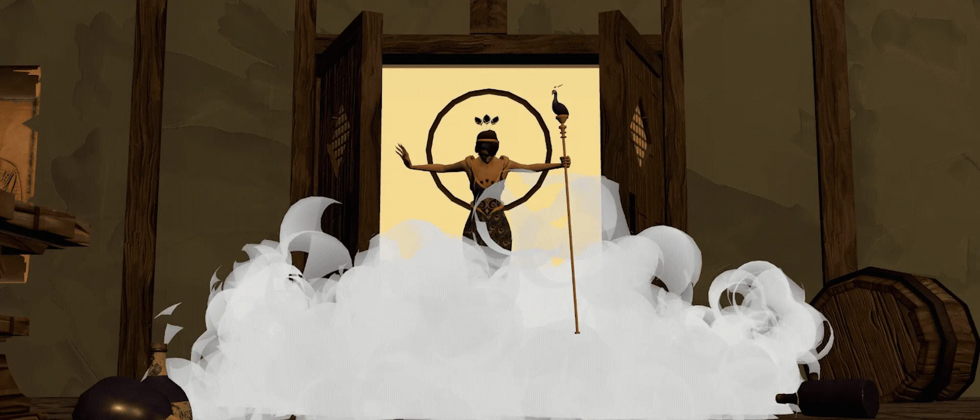 Hera standing in a backlit doorway as white fog rolls across a tavern floor