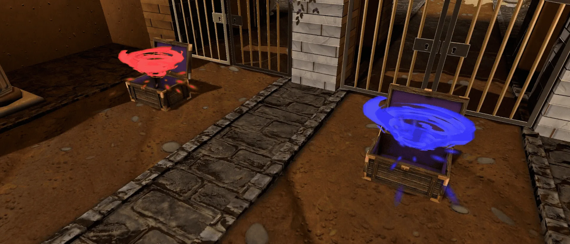 Red and blue collection vortex effects spinning above two open crates on a stone path
