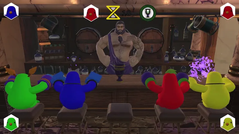 Purple magic puffs above the player characters at the bar