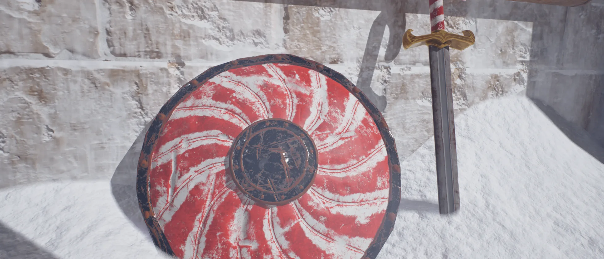A red and white swirled peppermint shield leaning against a candy cane handled sword in a snowy stone scene