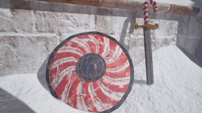 The shield and sword leaning against a stone wall in the snow