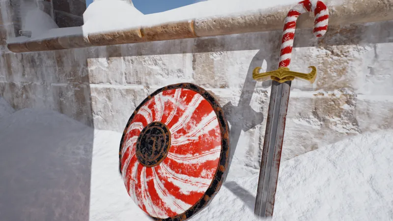 The shield and sword seen from a lower angle in the snow