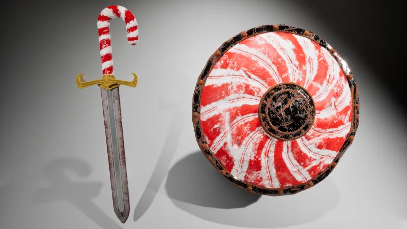 Textured sword and shield styled after peppermint candy