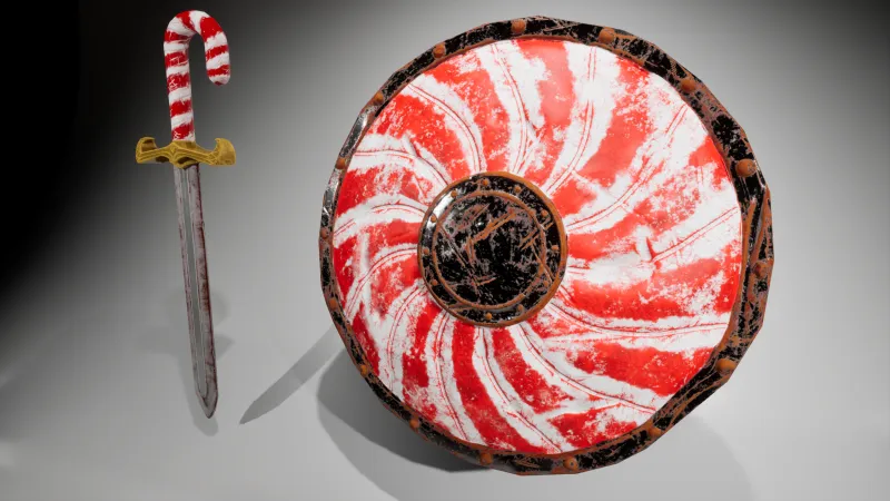Textured sword and shield from a closer angle