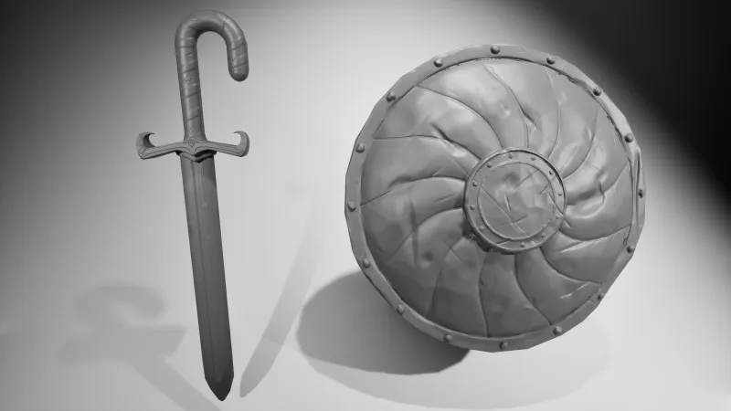 Untextured gray sculpt of the sword and shield