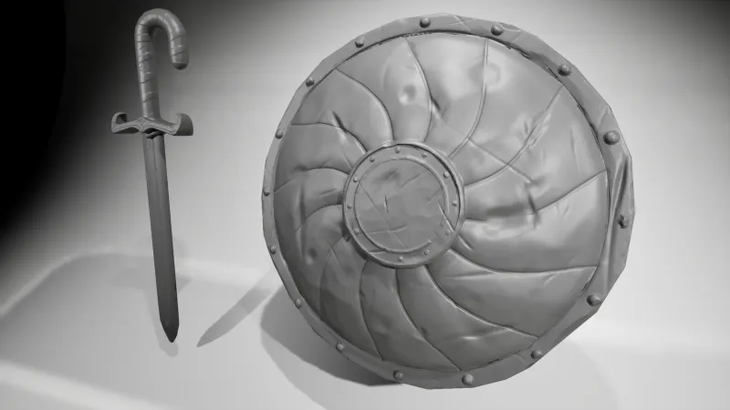Untextured sculpt of the shield and sword from a closer angle