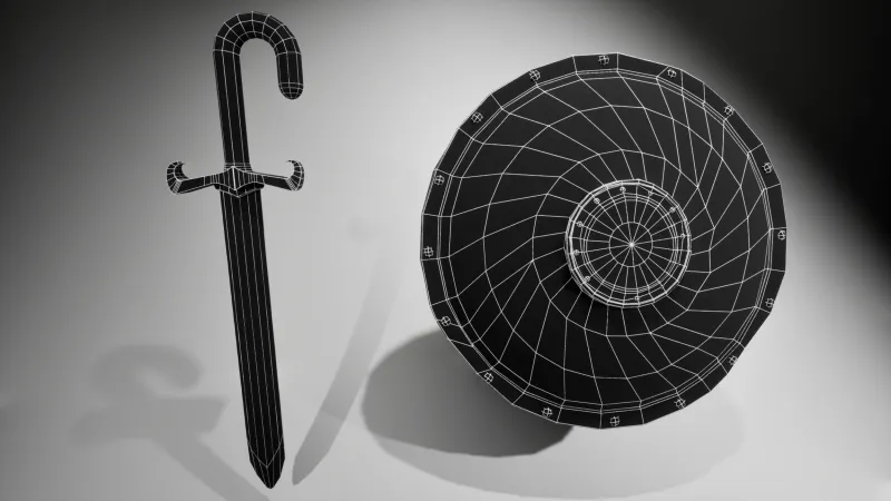 Wireframe of the sword and shield showing their low poly topology