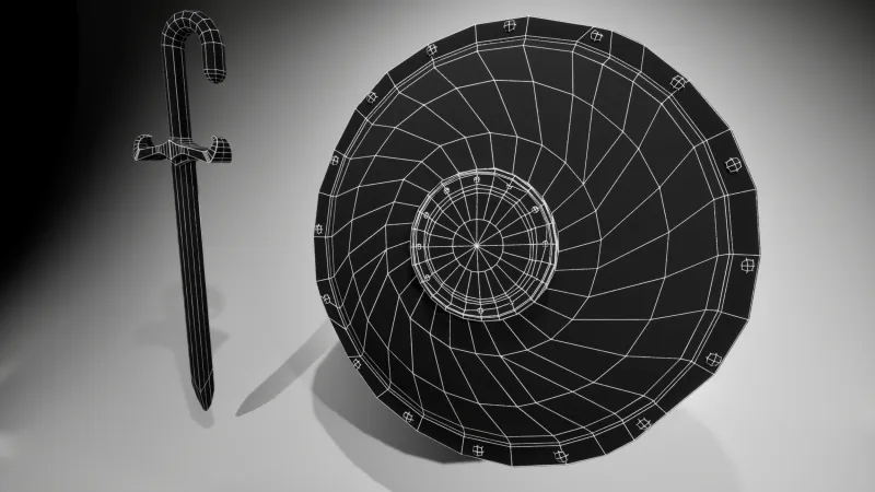 Wireframe of the shield and sword from a closer angle