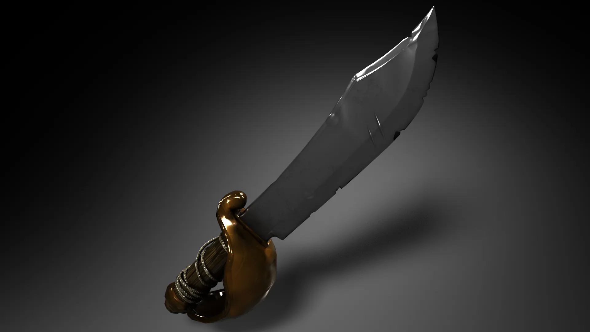 Render of the Pirate Cutlass, a curved blade with a brown wrapped grip and hand guard, lit against a dark grey backdrop