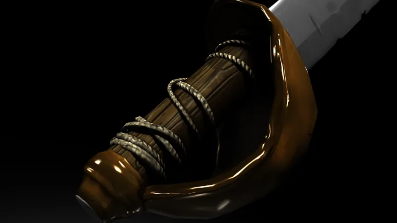 Close-up of the cutlass grip, a wooden handle wrapped in rope inside a glossy brown hand guard