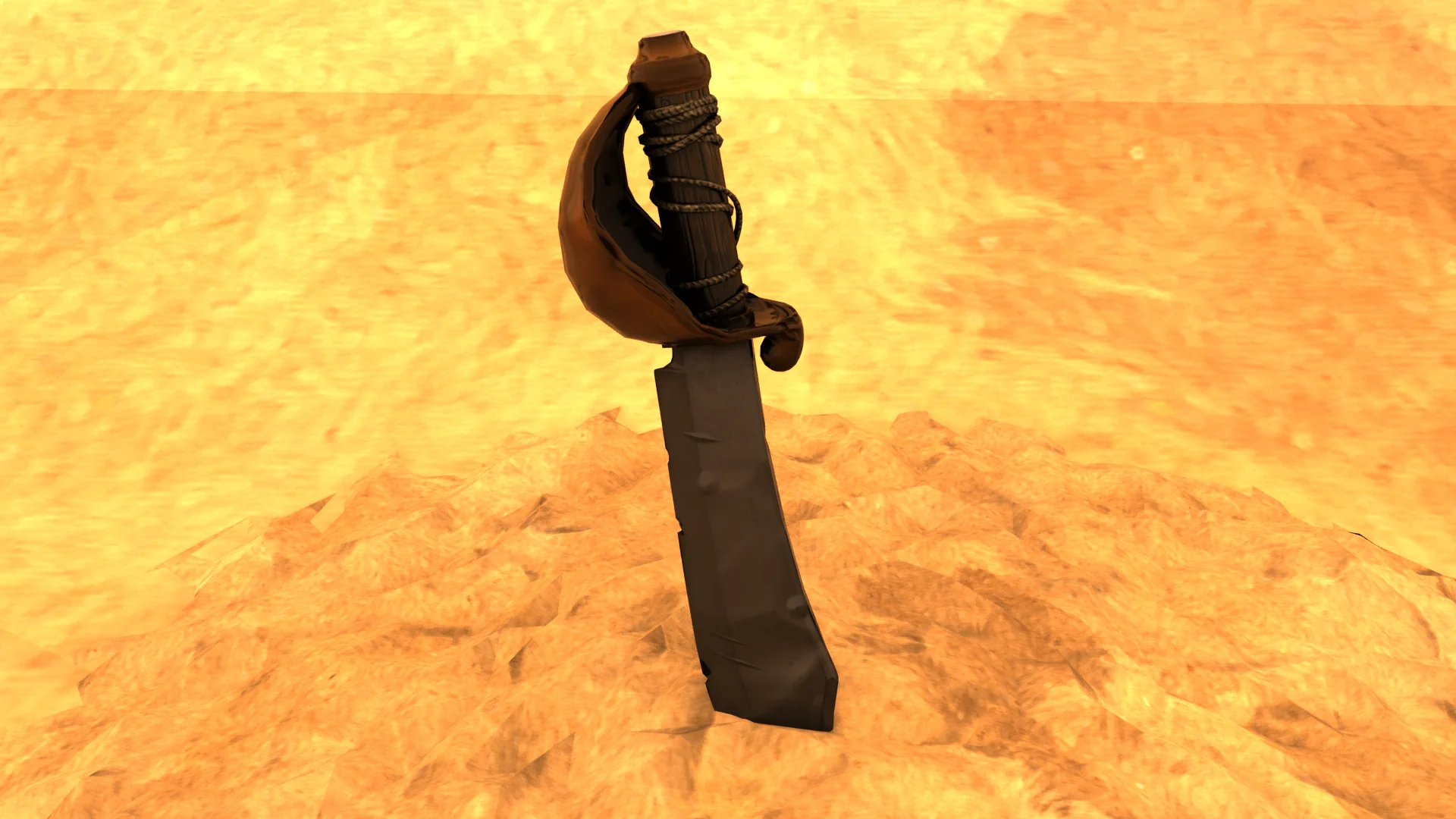 Render of the Pirate Cutlass, a curved blade with a brown wrapped grip and hand guard, lit against a dark grey backdrop