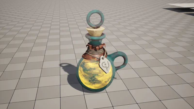 The Magic Potion bottle from a low angle on a tiled floor