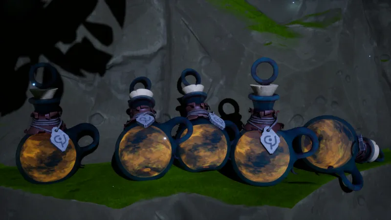 Five Magic Potion bottles resting on a mossy rock