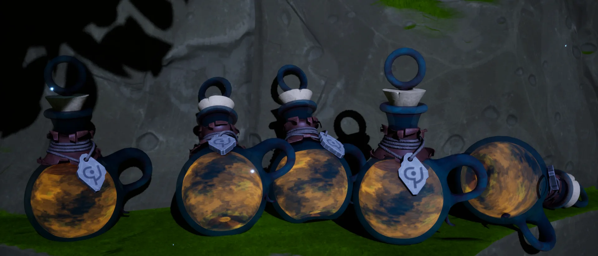 Five glowing teal potion bottles with orange liquid resting on a mossy rock in a dark scene