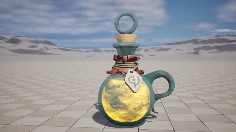 The Magic Potion bottle with a glowing yellow liquid on a tiled floor in Unreal Engine