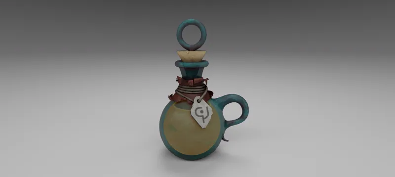 Textured render of the Magic Potion, a teal bottle of glowing yellow liquid with a leather wrap and stone tag