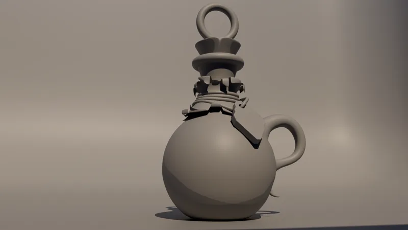 Untextured gray render of the Magic Potion bottle with its ring stopper, neck wrap and handle