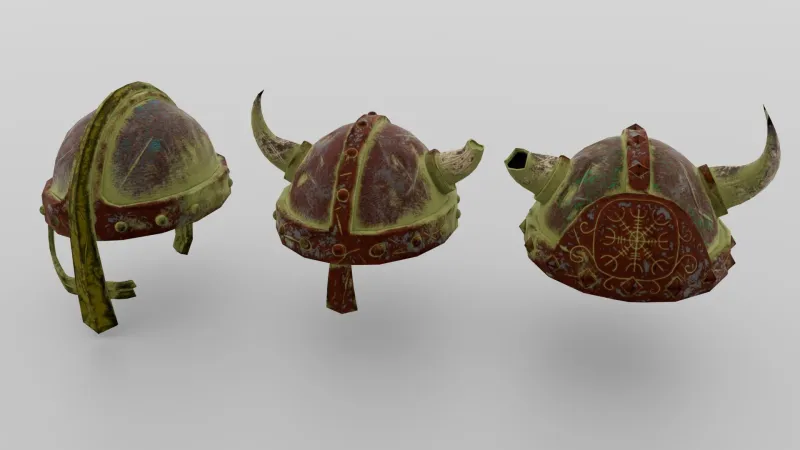 Three textured rusted Viking-style helms, two with horns