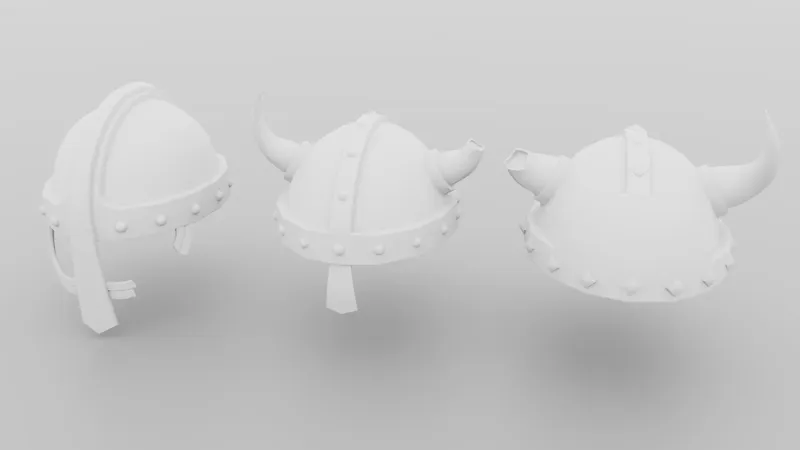 Untextured white render of the three helms