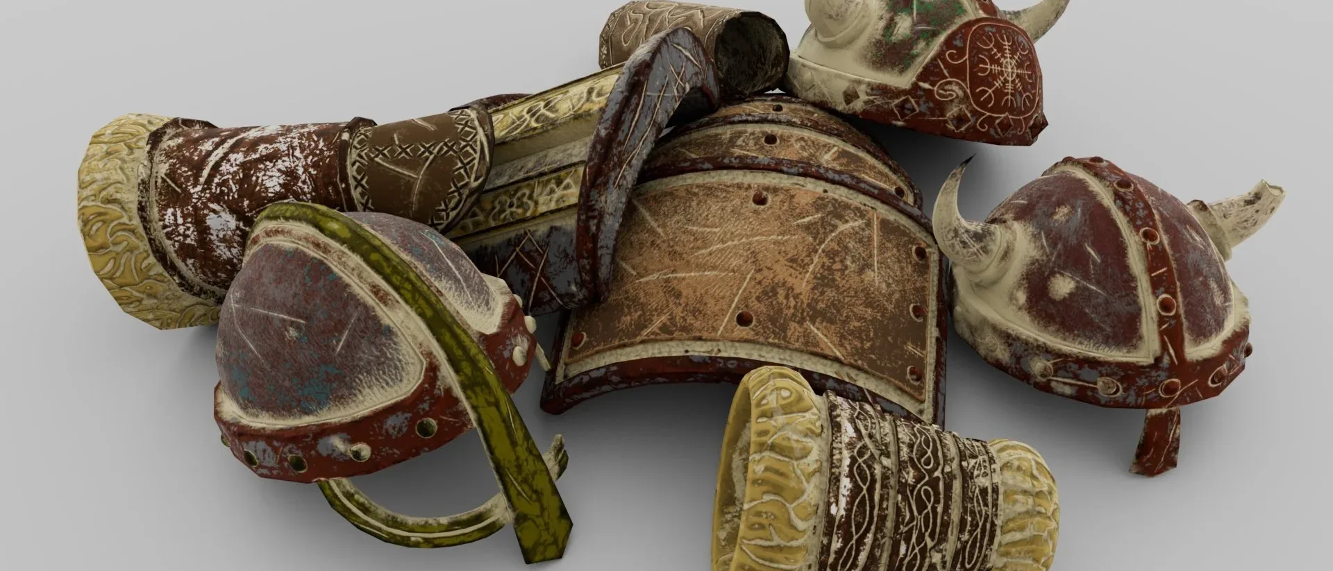A pile of rusted Norse-style armor: horned helms, bracers and pauldrons with worn metal and cloth wraps