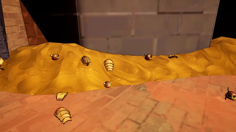 Helms and armor pieces half-buried in gold beside a stone wall in Unreal Engine