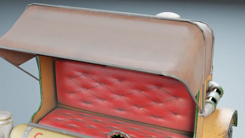 Close-up of the Steampunk Carriage quilted red seat under its curved roof