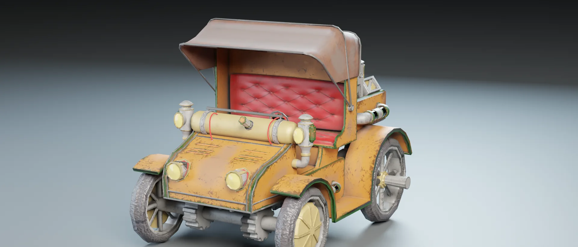 Render of the Steampunk Carriage, a yellow open carriage with a quilted red seat, curved roof, brass lamps and a horizontal tank on the hood