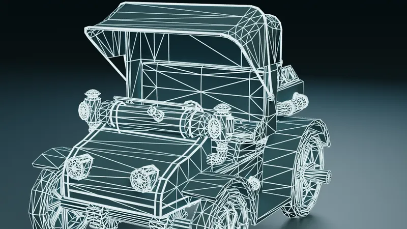 Triangulated wireframe of the Steampunk Carriage in cyan lines on a dark background