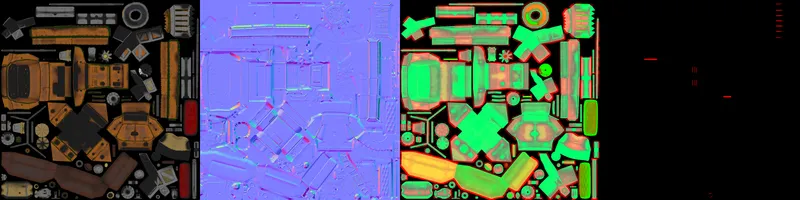 Base color, normal, packed occlusion-roughness-metallic and emissive texture maps for the Steampunk Carriage, side by side