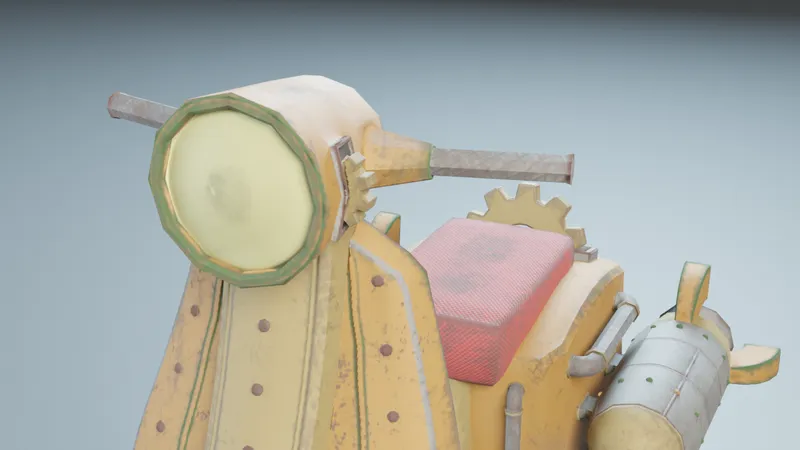 Close-up of the Steampunk Scooter headlamp, handlebar and red seat