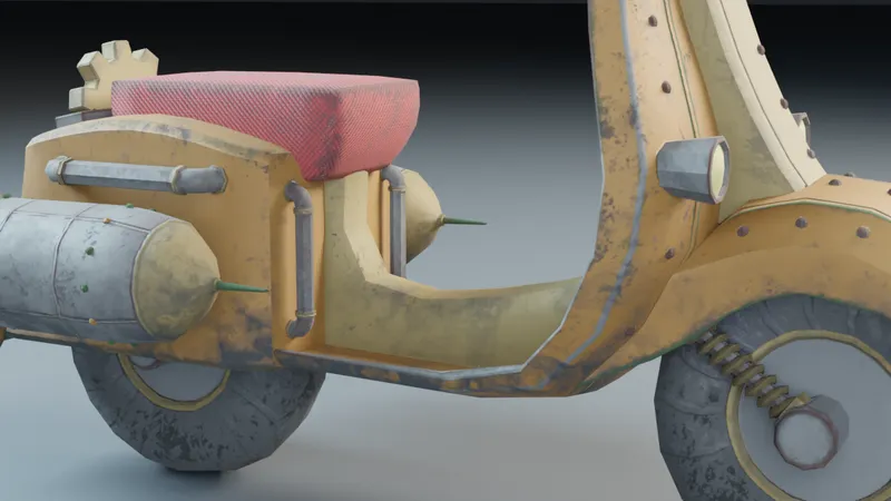 Close-up of the Steampunk Scooter rear tank, side lamp and wheel with its spring