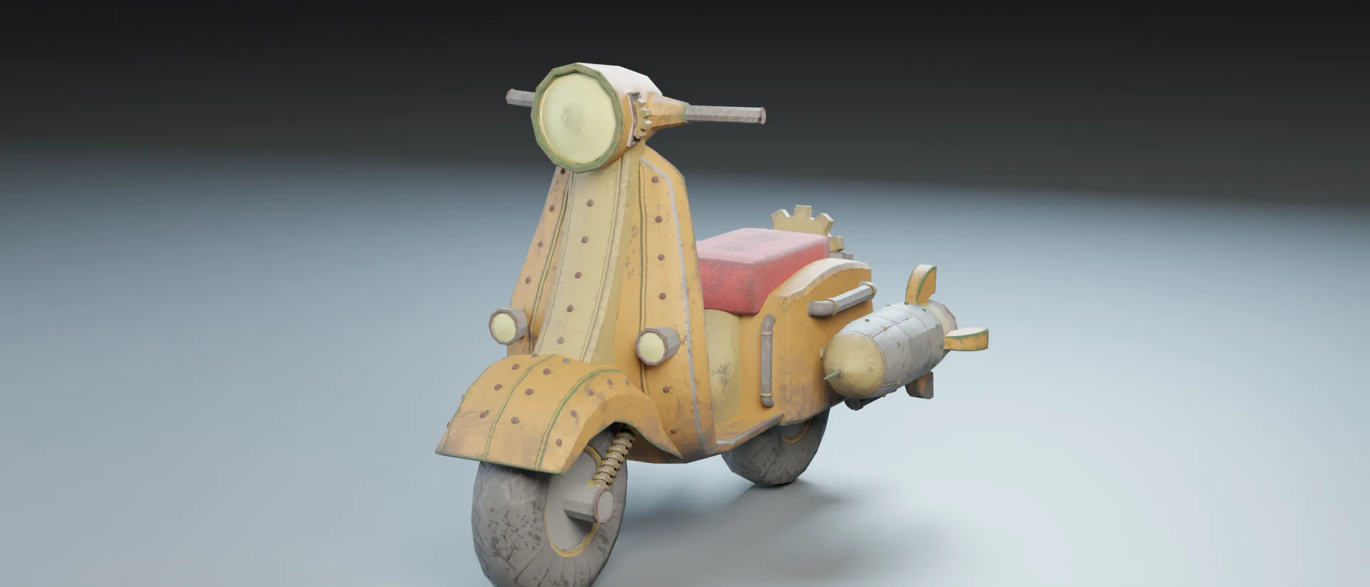 Render of the Steampunk Scooter, a yellow riveted scooter with a red seat, round headlamp and a torpedo-shaped tank at the rear