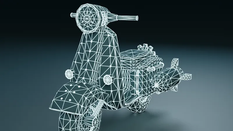 Triangulated wireframe of the Steampunk Scooter in cyan lines on a dark background
