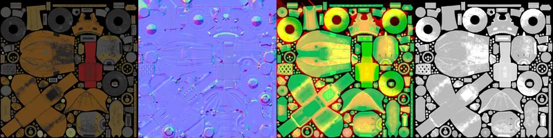 Base color, normal, packed occlusion-roughness-metallic and roughness texture maps for the Steampunk Scooter, side by side