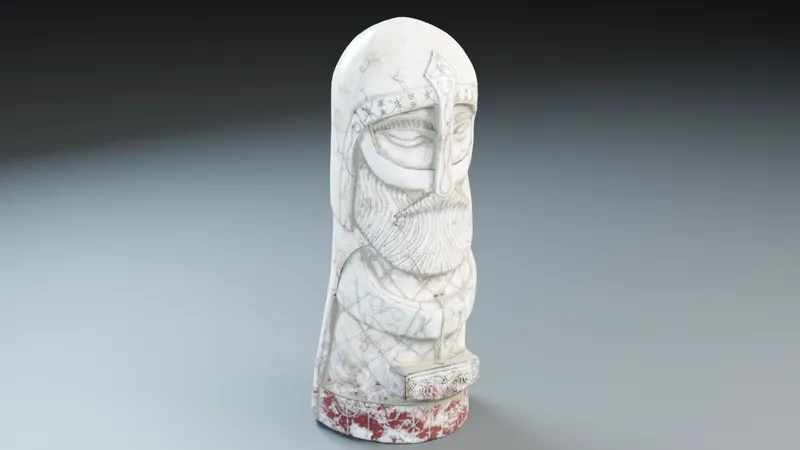 Textured Thor Totem seen from the front at an angle, showing the carved helmet, beard and knotwork