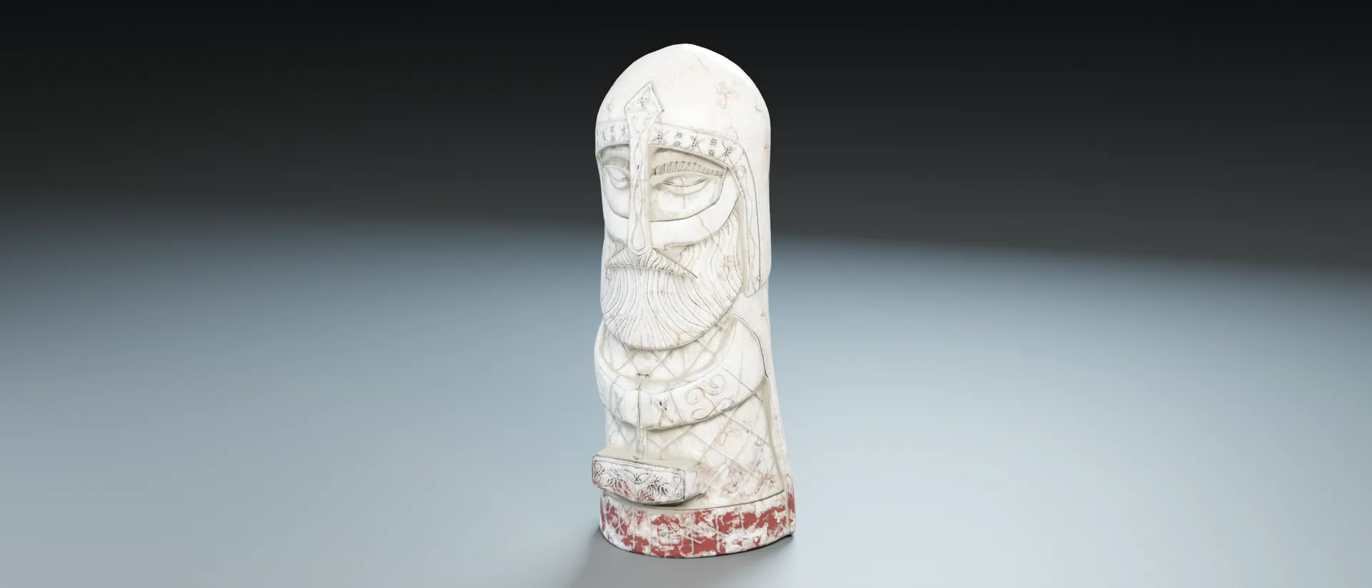 Render of the Thor Totem, a carved white stone bust of a helmeted, bearded Thor with a hammer at its base, on a dark studio backdrop