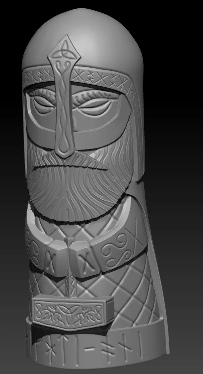 High poly ZBrush sculpt of the Thor Totem showing the carved helmet, face, beard and knotwork