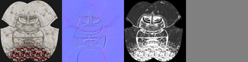 Base color, normal, roughness and height texture maps for the Thor Totem, side by side