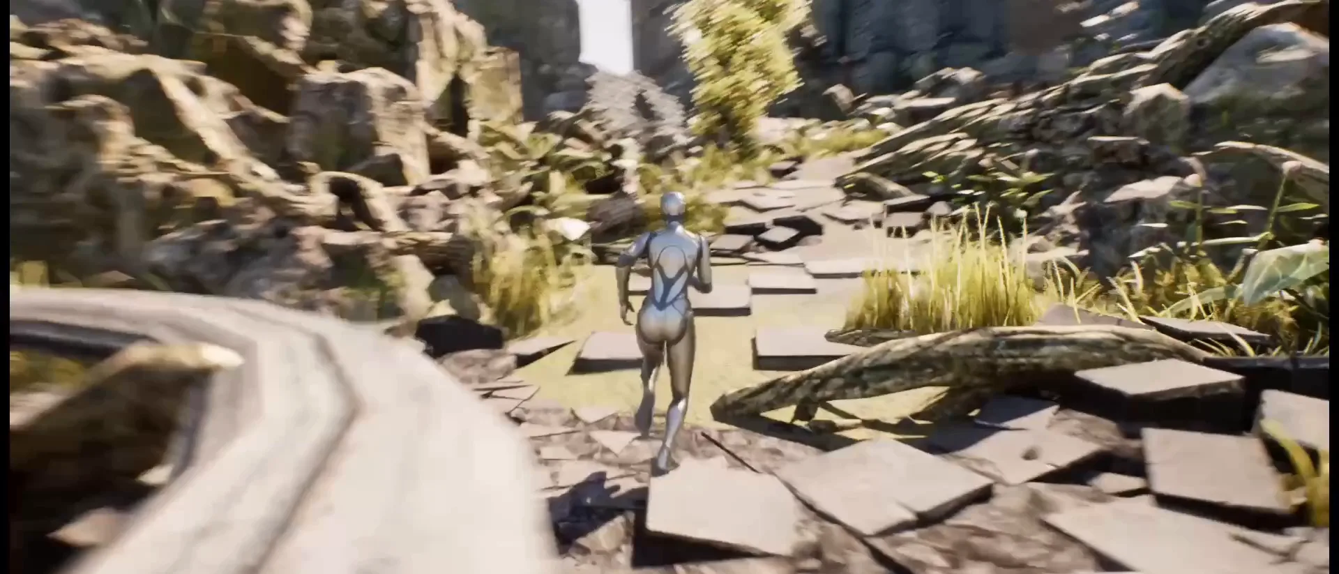 A silver mannequin running through a ruined stone courtyard toward a group of armored characters